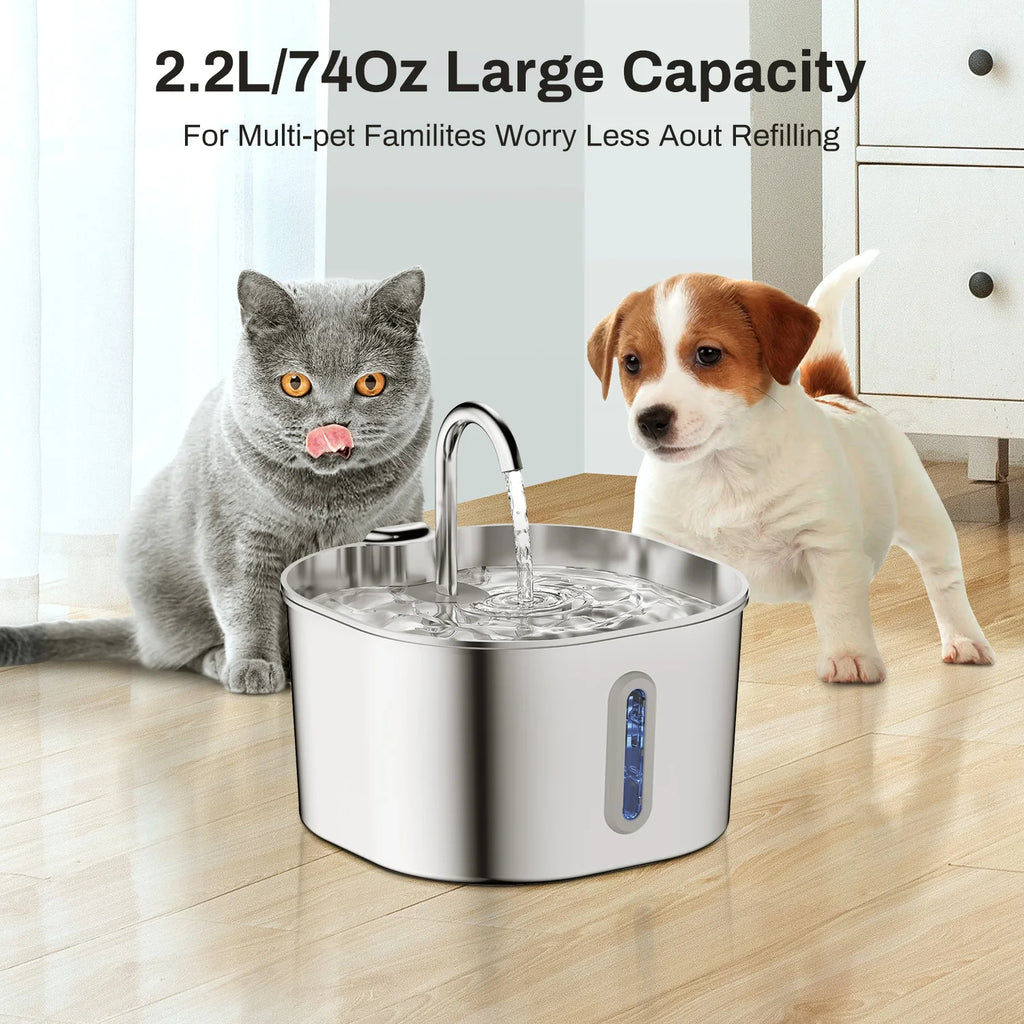 2.2L Automatic Pet Water Fountain — Stainless Steel with Silent Pump & Filter