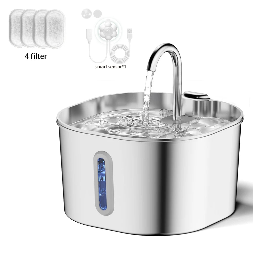 2.2L Automatic Pet Water Fountain — Stainless Steel with Silent Pump & Filter
